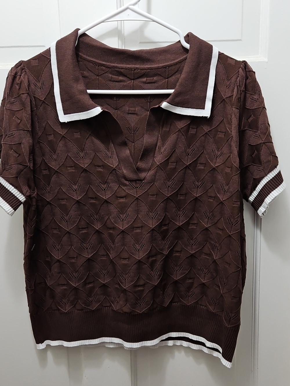 Brown Short-Sleeve Knit Polo Top with White Trim Fits L/XL